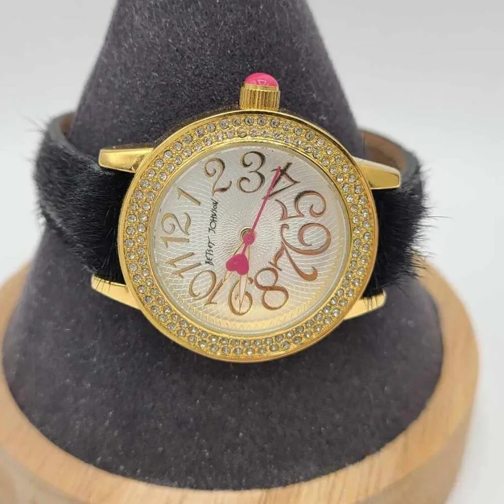 Betsey Johnson Gold Tone With Crystal Watch Running with Black Fuzzy Band NWOT!